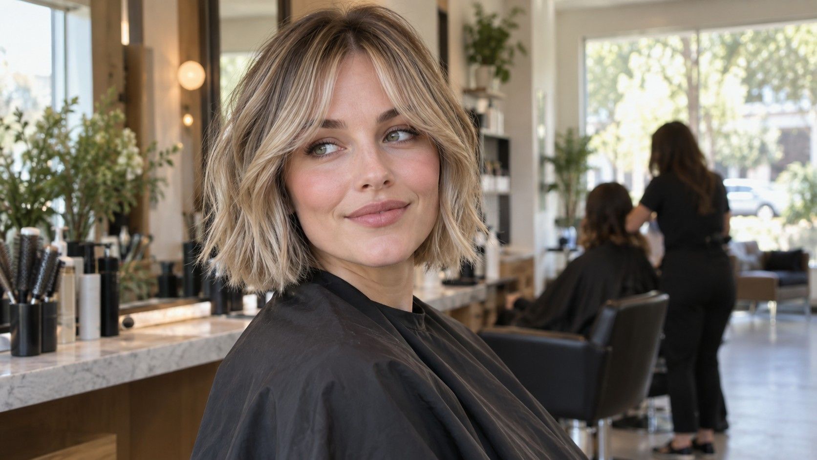 Soft chin-length bob styled for a heart-shaped face