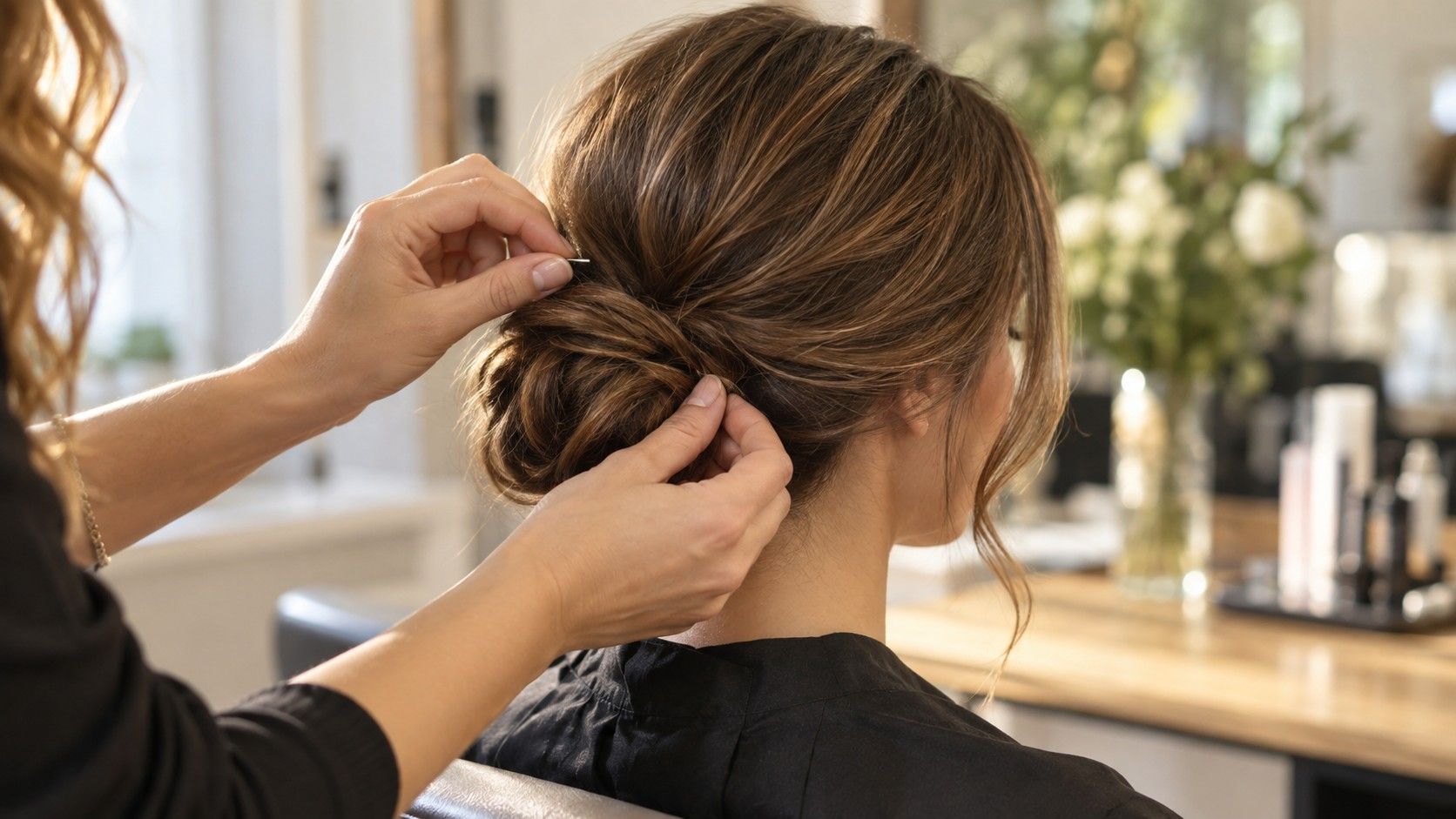 Soft low bun updo on long hair