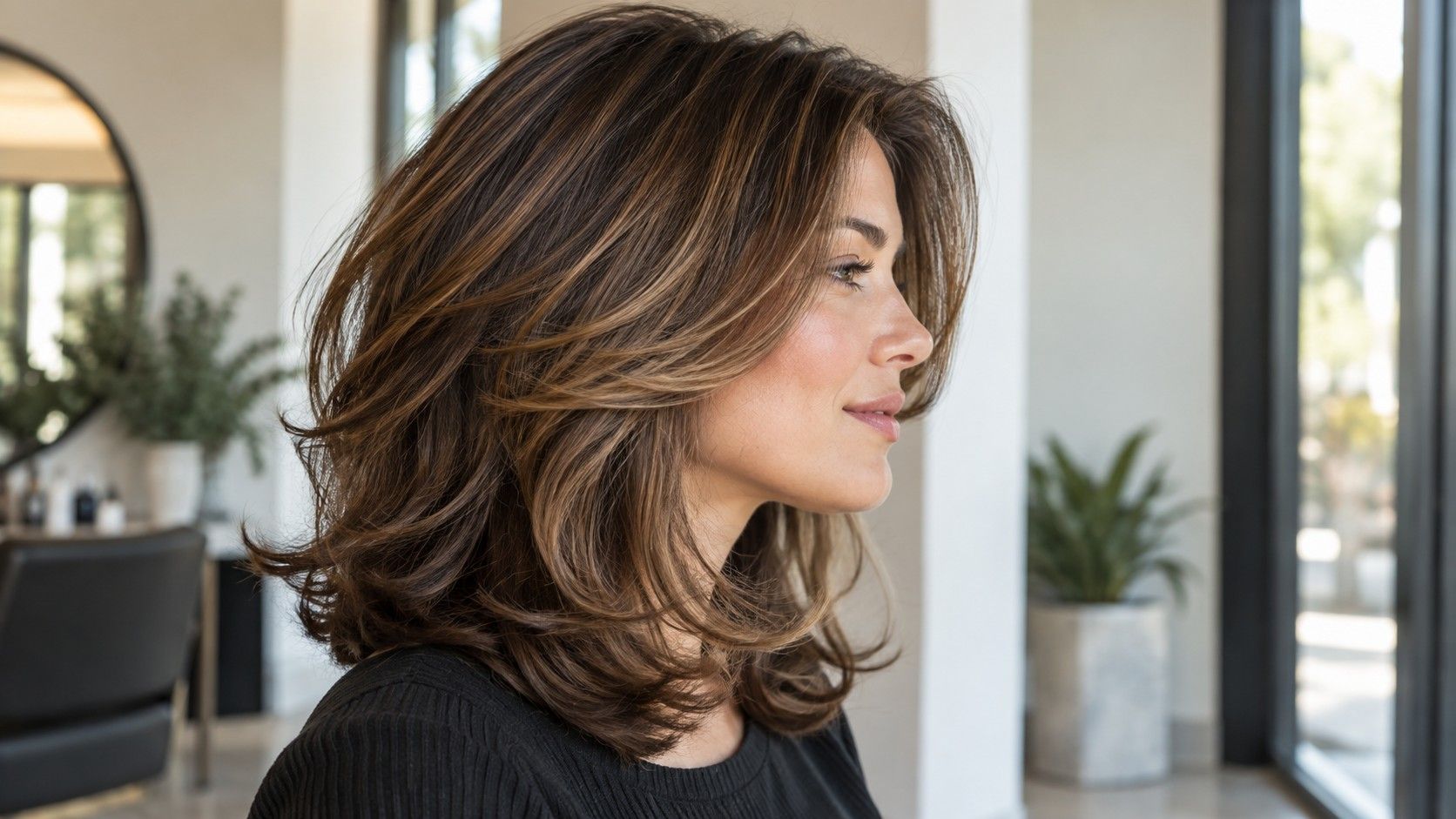 Medium-length layered haircut with movement for thick hair