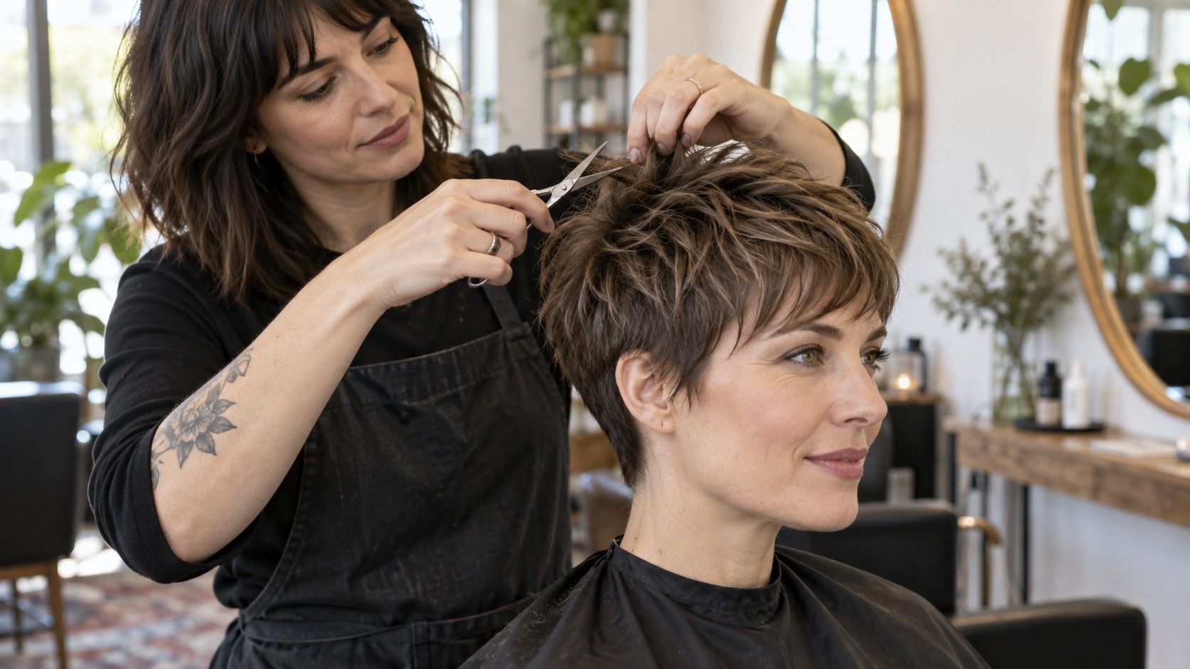 Woman wearing a textured pixie cut with a soft fringe