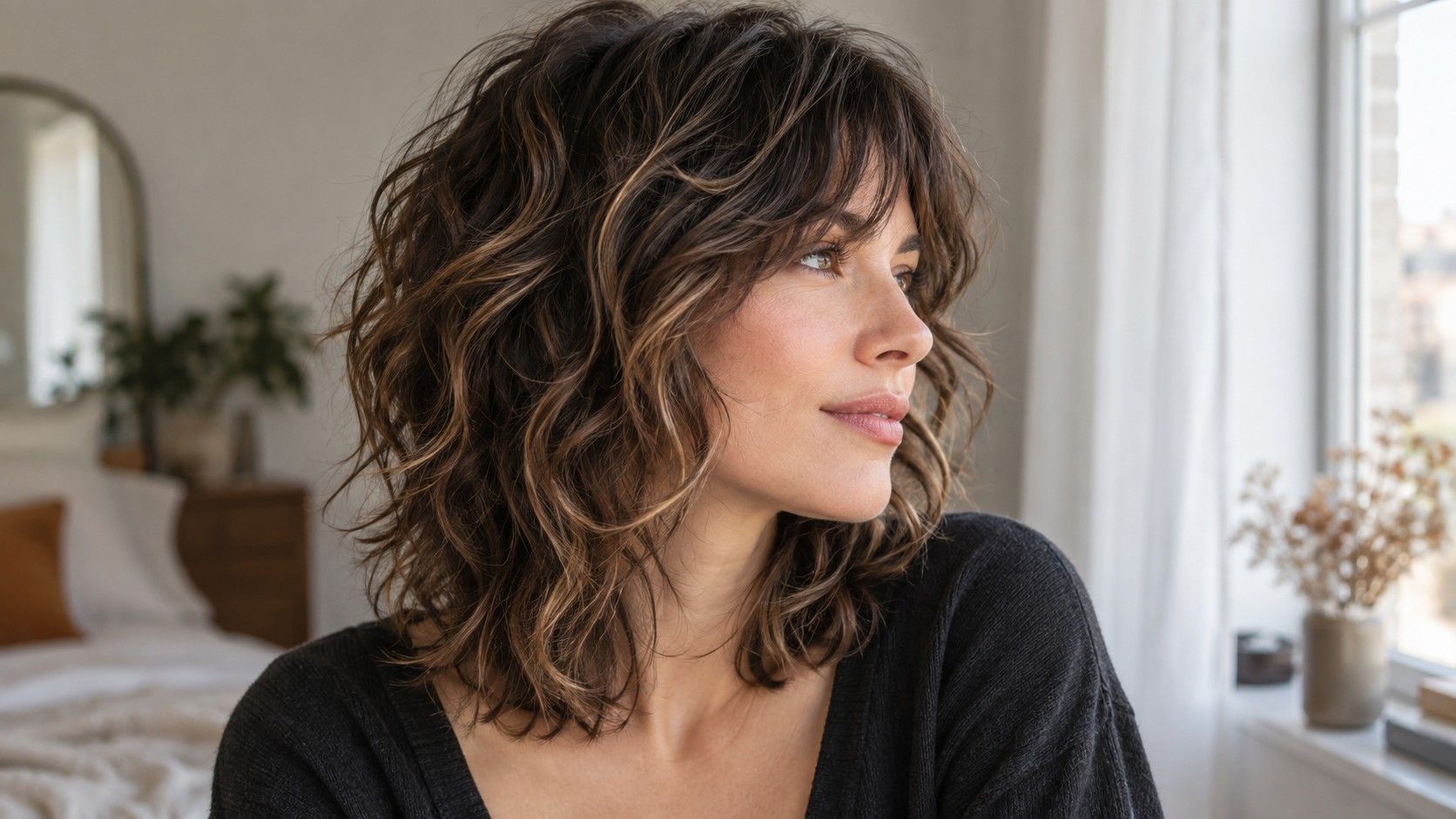 Woman with a layered wavy shag haircut and soft face-framing pieces
